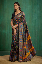 Shop Black Velvet Tussar Silk Floral Print Ready to Wear Saree Online - Best Prices-RTW-3862